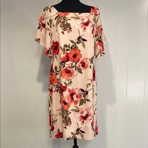 Floral Flutter Sleeve Dress Midi Summer Wedding Brunch Red Pink Coral Size 10